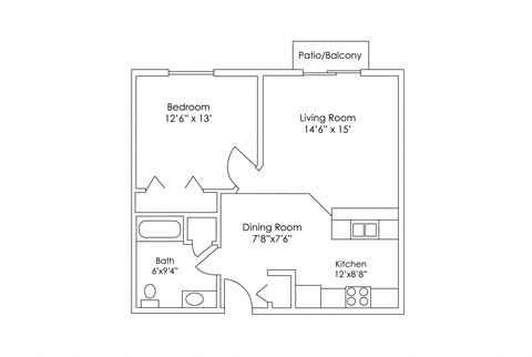 Floor plan for 1 bed, 1 bath, 700 sqft