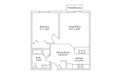 Floor plan for 1 bed, 1 bath, 826 sqft