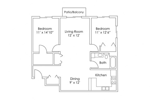 Floor plan for 2 beds, 1 bath, 1018 sqft