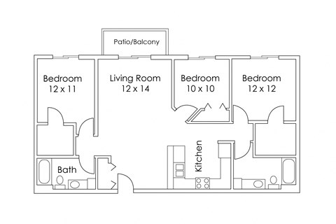 Floor plan for 3 beds, 2 baths, 1200 sqft