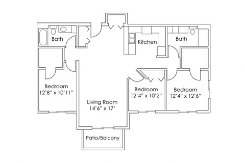 Floor plan for 3 beds, 2 baths, 1283 sqft