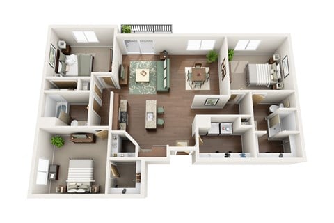 Floor plan for 3 beds, 2 baths, 1376 sqft