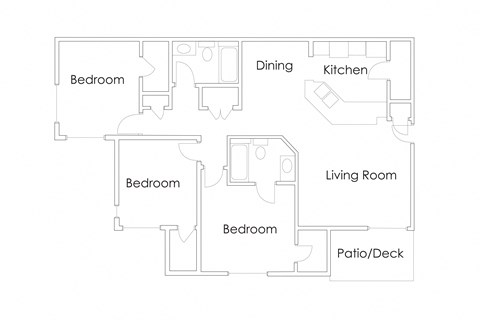 Floor plan for 3 beds, 2 baths, 1332 sqft