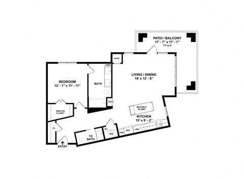 Floor plan for 1 bed, 1.5 baths, 883 sqft