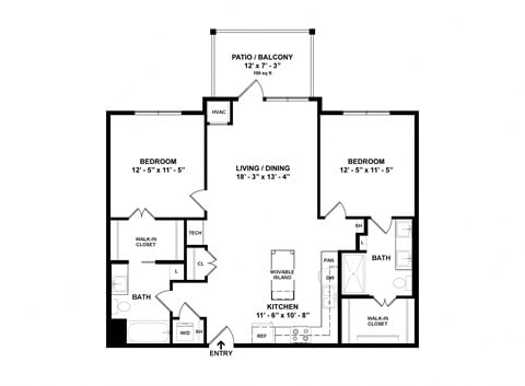 Floor plan for 2 beds, 2 baths, 1065 sqft