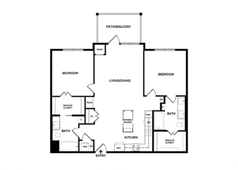 Floor plan for 2 beds, 2 baths, 1065 sqft