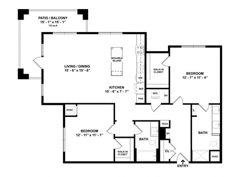 Floor plan for 2 beds, 2 baths, 1220 sqft
