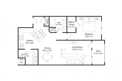Floor plan for 1 bed, 1 bath, 840 sqft
