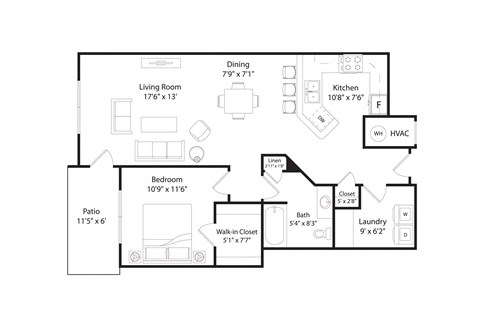 Floor plan for 1 bed, 1 bath, 916 sqft