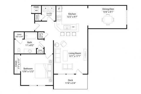 Floor plan for 1 bed, 1 bath, 985 sqft