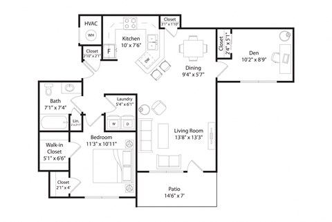 Floor plan for 1 bed, 1 bath, 997 sqft