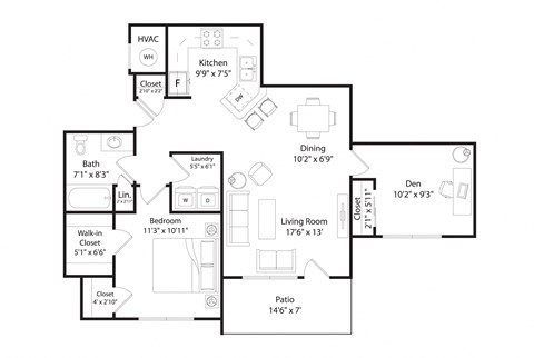 Floor plan for 1 bed, 1 bath, 962 sqft