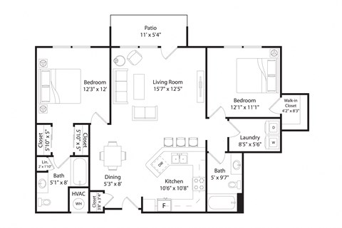 Floor plan for 2 beds, 2 baths, 1134 sqft