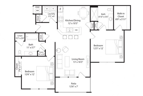 Floor plan for 2 beds, 2 baths, 1144 sqft