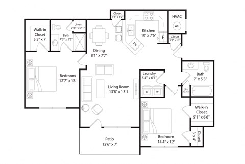Floor plan for 2 beds, 2 baths, 1166 sqft