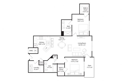 Floor plan for 2 beds, 2 baths, 1180 sqft
