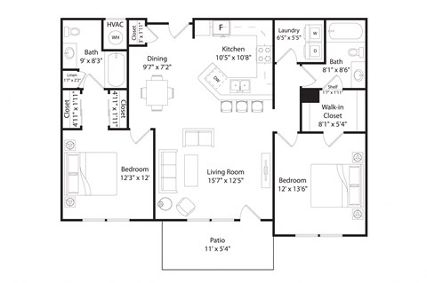 Floor plan for 2 beds, 2 baths, 1194 sqft