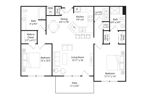 Floor plan for 2 beds, 2 baths, 1195 sqft