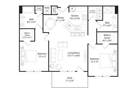 Floor plan for 2 beds, 2 baths, 1195 sqft