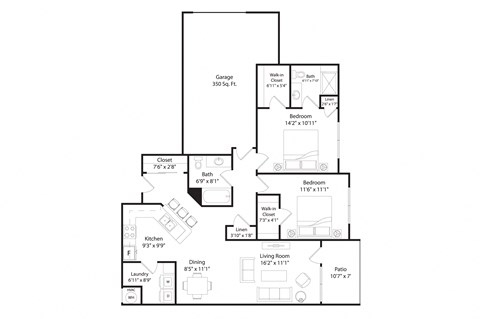 Floor plan for 2 beds, 2 baths, 1222 sqft