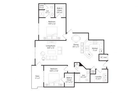 Floor plan for 2 beds, 2 baths, 1285 sqft