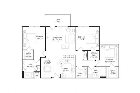 Floor plan for 3 beds, 2 baths, 1393 sqft