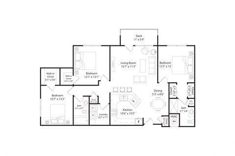 Floor plan for 3 beds, 2 baths, 1401 sqft
