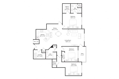 Floor plan for 3 beds, 2 baths, 1489 sqft