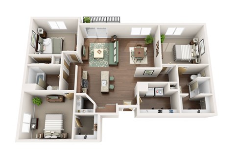 Floor plan for 3 beds, 2 baths, 1293 sqft