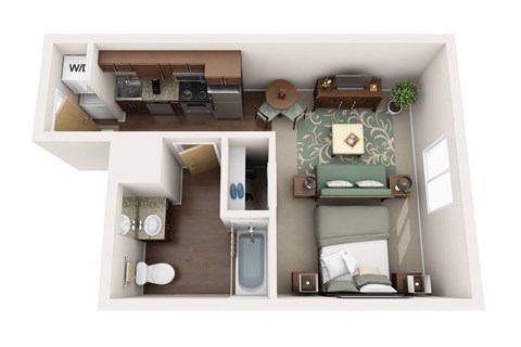 Floor plan for studio, 1 bath, 388 sqft
