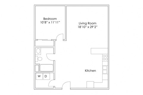 Floor plan for 1 bed, 1 bath, 757 sqft