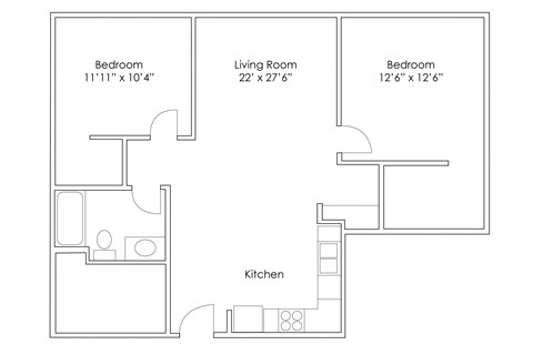 Floor plan for 2 beds, 1 bath, 986 sqft