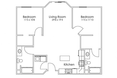 Floor plan for 2 beds, 2 baths, 1030 sqft