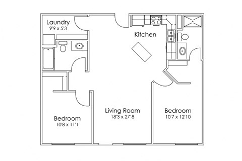 Floor plan for 2 beds, 2 baths, 1073 sqft