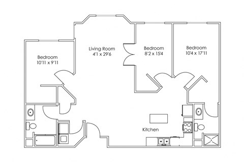 Floor plan for 3 beds, 2 baths, 1240 sqft
