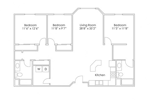 Floor plan for 3 beds, 2 baths, 1330 sqft