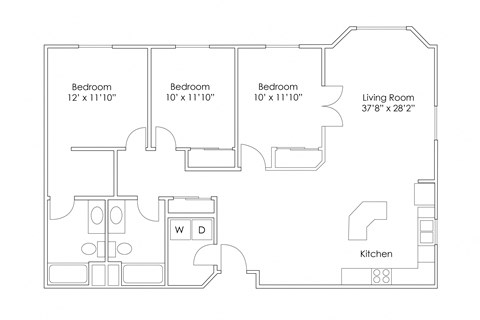 Floor plan for 3 beds, 2 baths, 1362 sqft