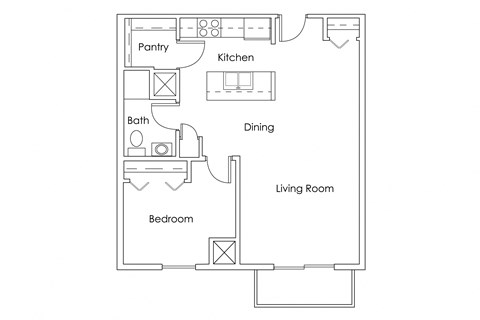 Floor plan for 1 bed, 1 bath, 697 sqft