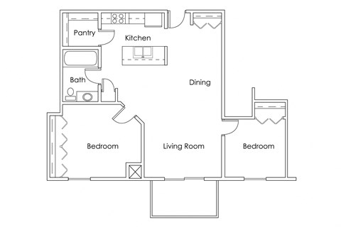 Floor plan for 2 beds, 1 bath, 854 sqft