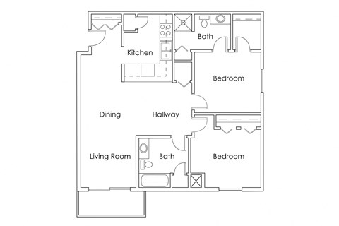 Floor plan for 2 beds, 2 baths, 908 sqft