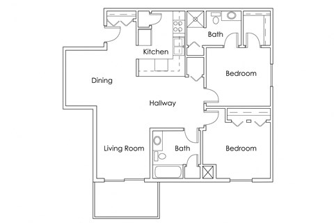 Floor plan for 2 beds, 2 baths, 960 sqft