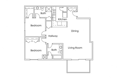 Floor plan for 2 beds, 2 baths, 1048 sqft