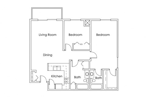 Floor plan for 2 beds, 2 baths, 1057 sqft