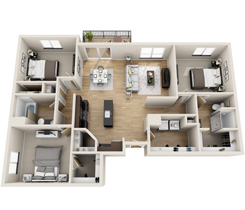 Floor plan for 3 beds, 2 baths, 1308 sqft