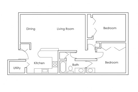 Floor plan for 2 beds, 1 bath, 864 sqft