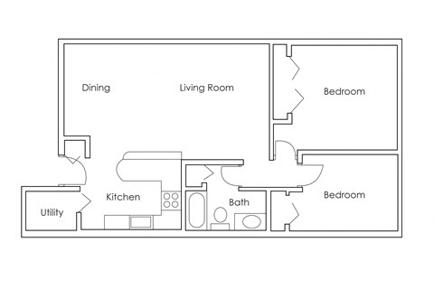 Floor plan for 2 beds, 1 bath, 936 sqft