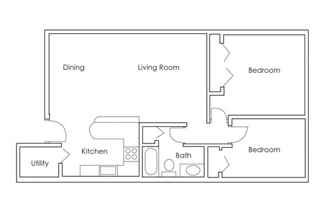 Floor plan for 2 beds, 1 bath, 1068 sqft