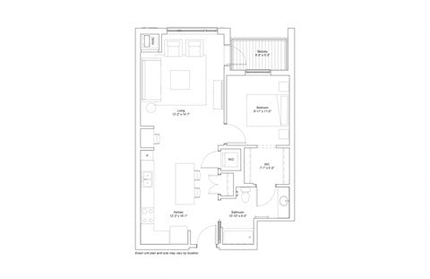 Floor plan for 1 bed, 1 bath, 757 sqft