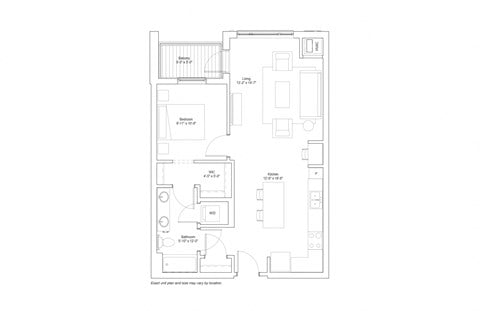 Floor plan for 1 bed, 1 bath, 781 sqft