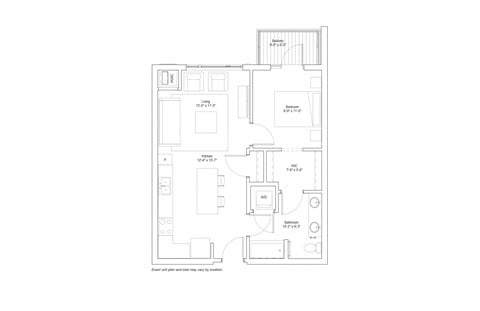 Floor plan for 1 bed, 1 bath, 675 sqft
